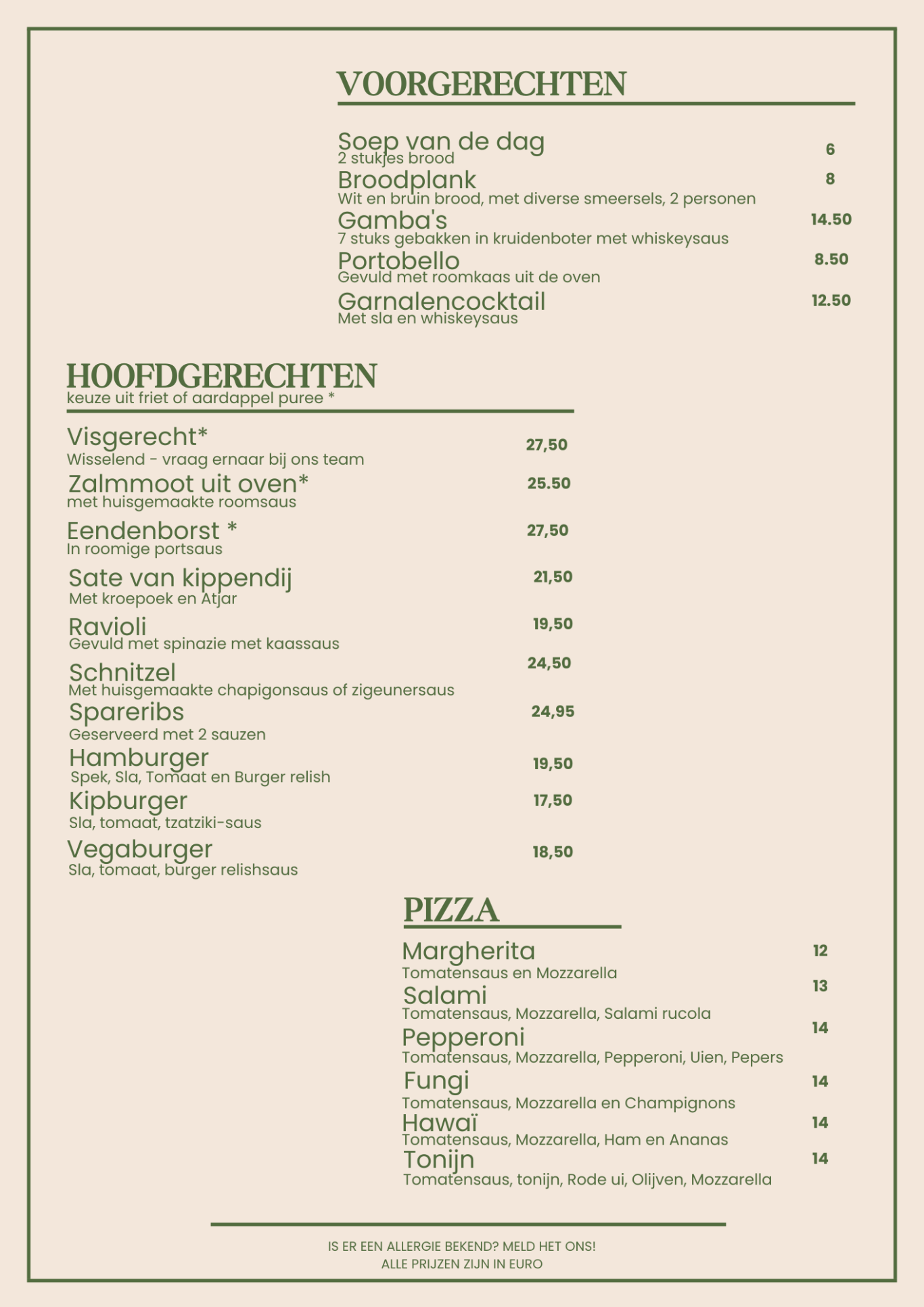 Restaurant Medemblik - Hoofdgerechten Menu met voorgerechten, hoofdgerechten en pizza's, inclusief prijzen.